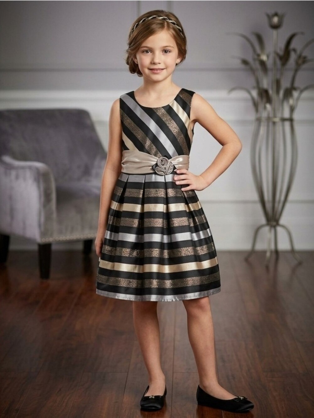 🛍Bonnie Jean Metallic Black Silver Stripe Party Dress Big Girls Size 10... C2